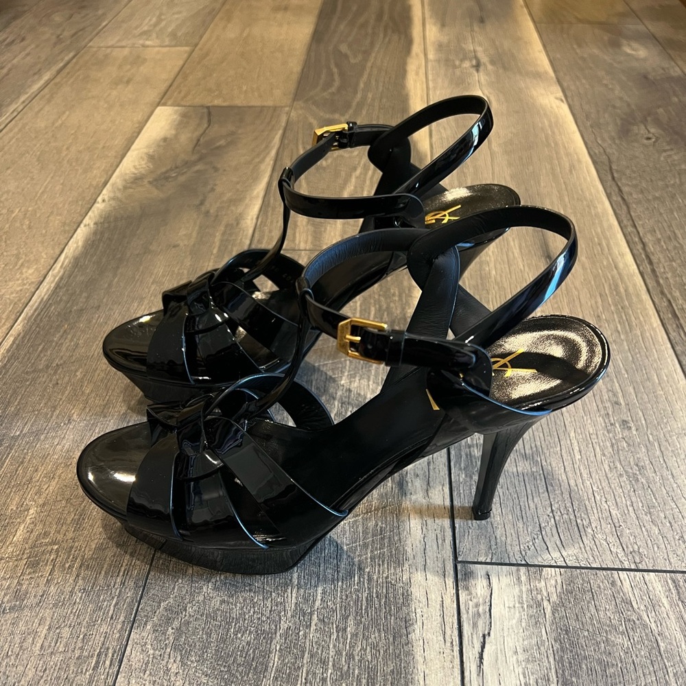 New Saint Laurent black patent tribute sandal heels 4” - Picture 5 of 9